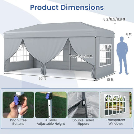 10 X 20 Feet Pop up Canopy Tent Instant Setup with 6 Sidewalls-Gray - Gray - Canopies