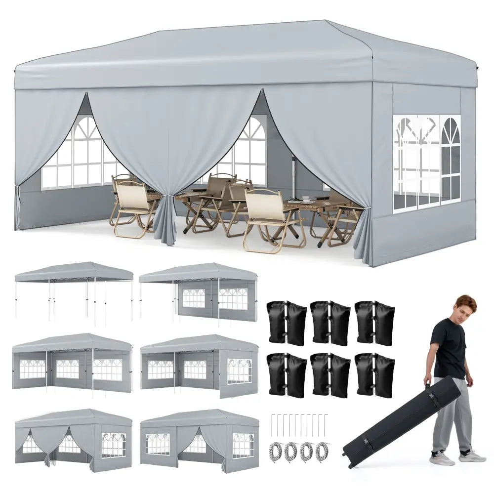 10 X 20 Feet Pop up Canopy Tent Instant Setup with 6 Sidewalls-Gray - Gray - Canopies
