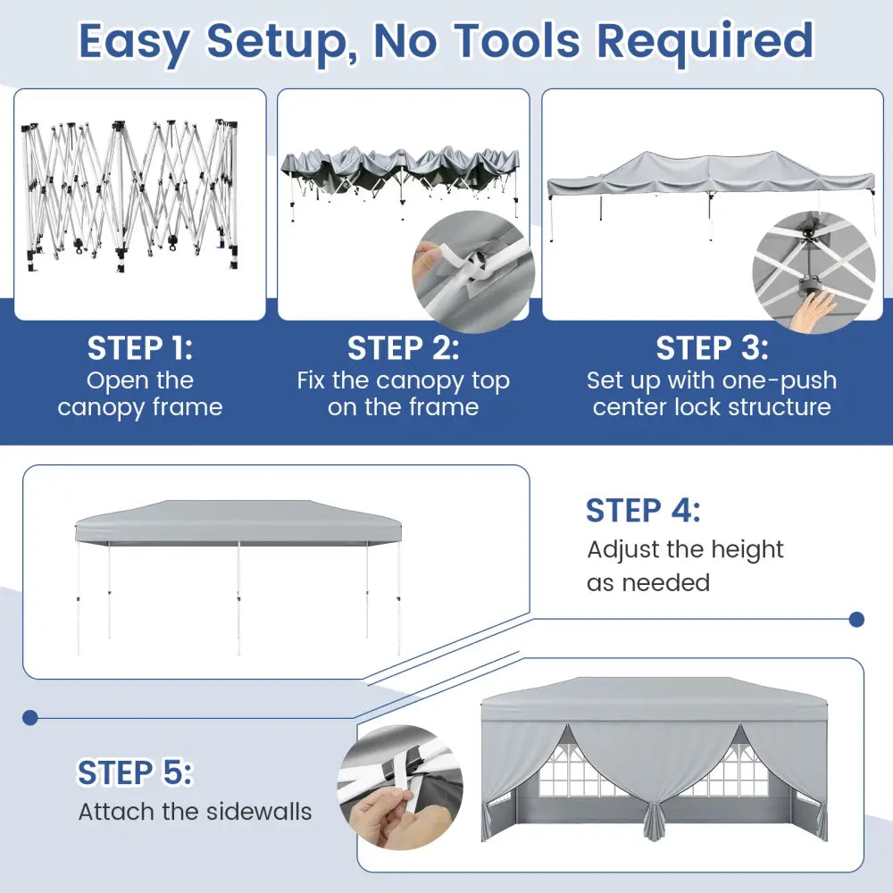10 X 20 Feet Pop up Canopy Tent Instant Setup with 6 Sidewalls-Gray - Gray - Canopies
