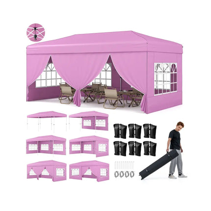 10 X 20 Feet Pop up Canopy Tent Instant Setup with 6 Sidewalls-Pink - Pink - Canopies