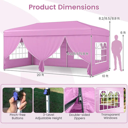 10 X 20 Feet Pop up Canopy Tent Instant Setup with 6 Sidewalls-Pink - Pink - Canopies