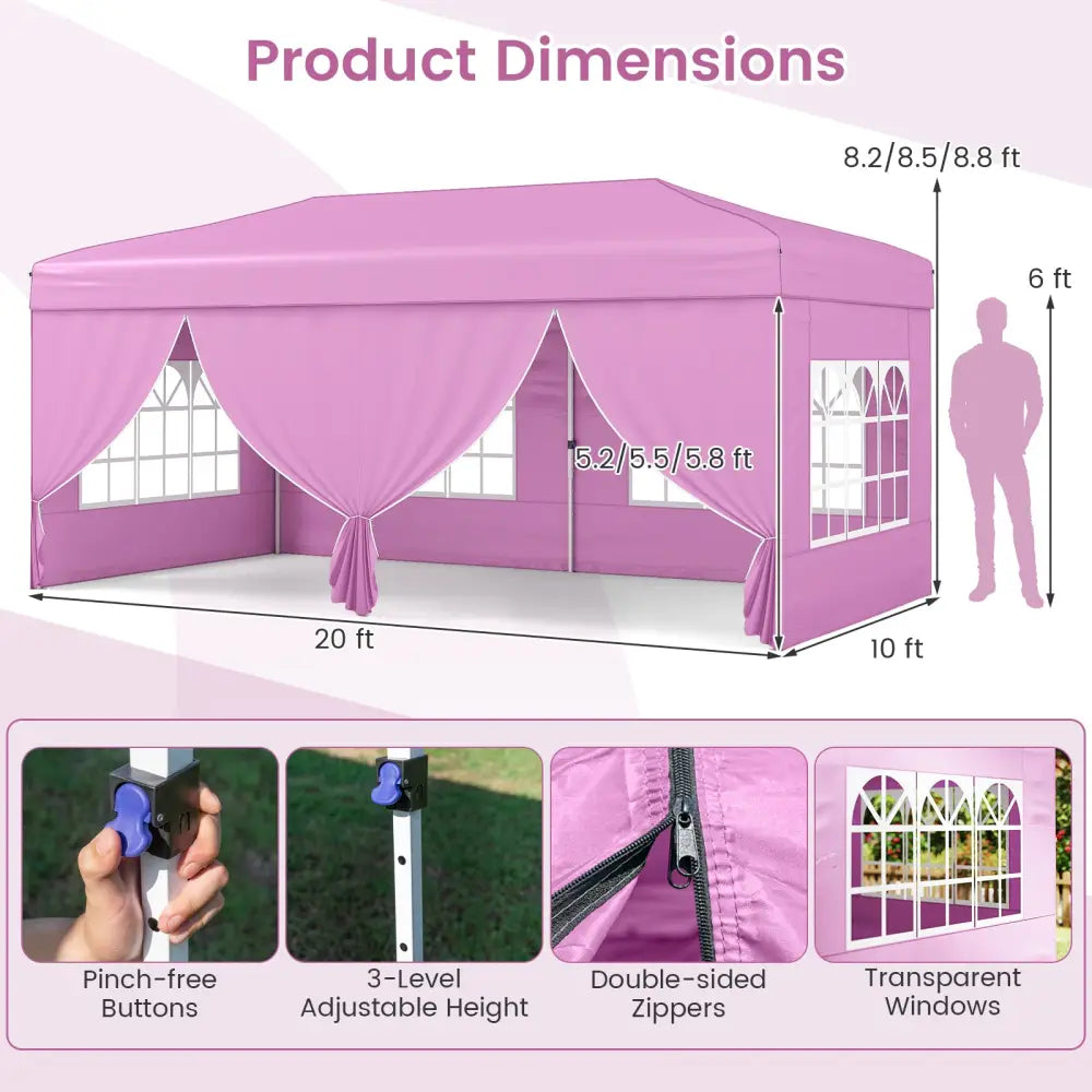 10 X 20 Feet Pop up Canopy Tent Instant Setup with 6 Sidewalls-Pink - Pink - Canopies