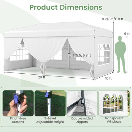 10 X 20 Feet Pop up Canopy Tent Instant Setup with 6 Sidewalls-White - White - Canopies