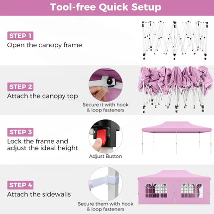 10 x 20 Feet Pop up Canopy with 6 Sidewalls Windows and Carrying Bag-Pink - Pink - Canopies