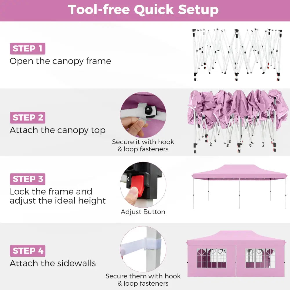 10 x 20 Feet Pop up Canopy with 6 Sidewalls Windows and Carrying Bag-Pink - Pink - Canopies