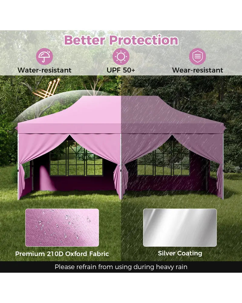 10 x 20 Feet Pop up Canopy with 6 Sidewalls Windows and Carrying Bag-Pink - Pink - Canopies