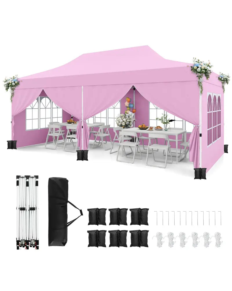 10 x 20 Feet Pop up Canopy with 6 Sidewalls Windows and Carrying Bag-Pink - Pink - Canopies