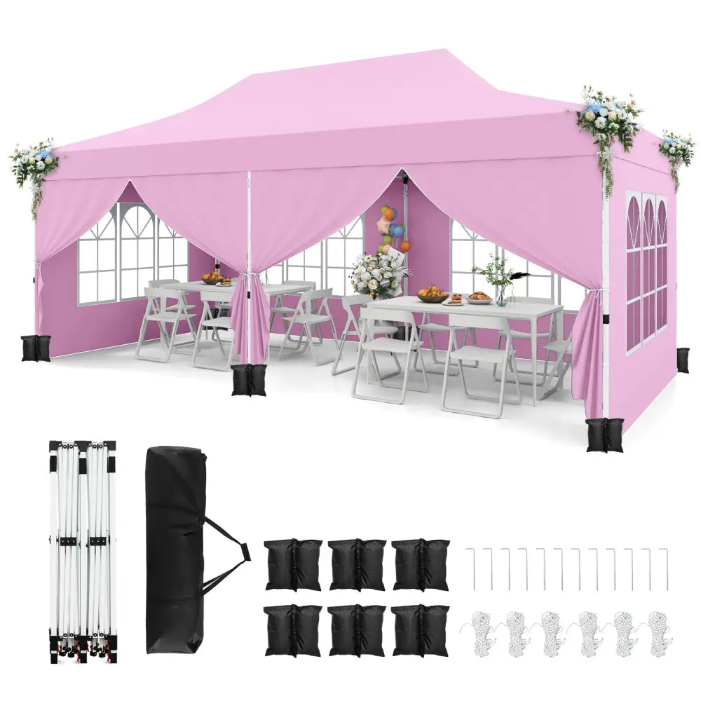 10 x 20 Feet Pop up Canopy with 6 Sidewalls Windows and Carrying Bag-Pink - Pink - Canopies