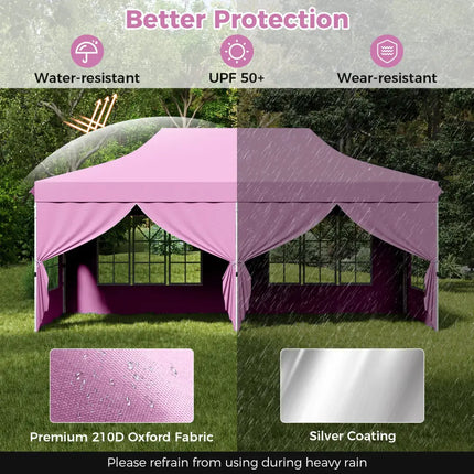 10 x 20 Feet Pop up Canopy with 6 Sidewalls Windows and Carrying Bag-Pink - Pink - Canopies