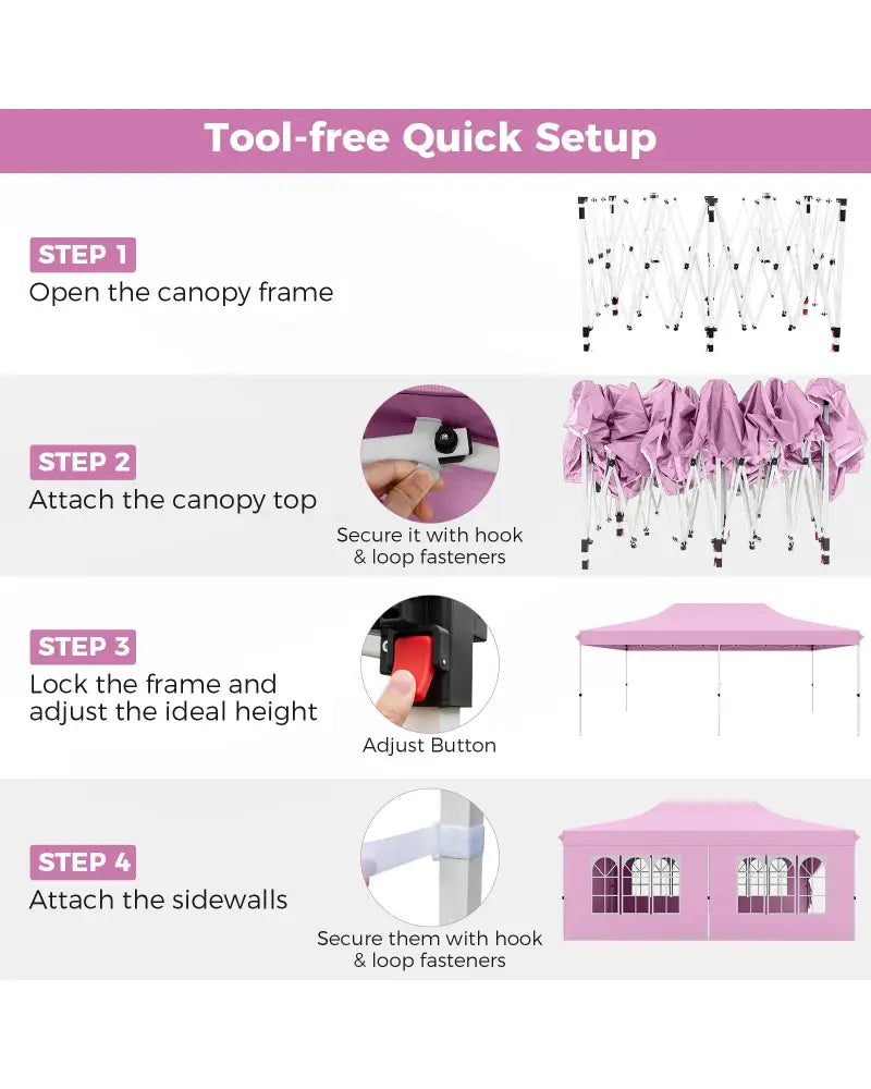 10 x 20 Feet Pop up Canopy with 6 Sidewalls Windows and Carrying Bag-Pink - Pink - Canopies