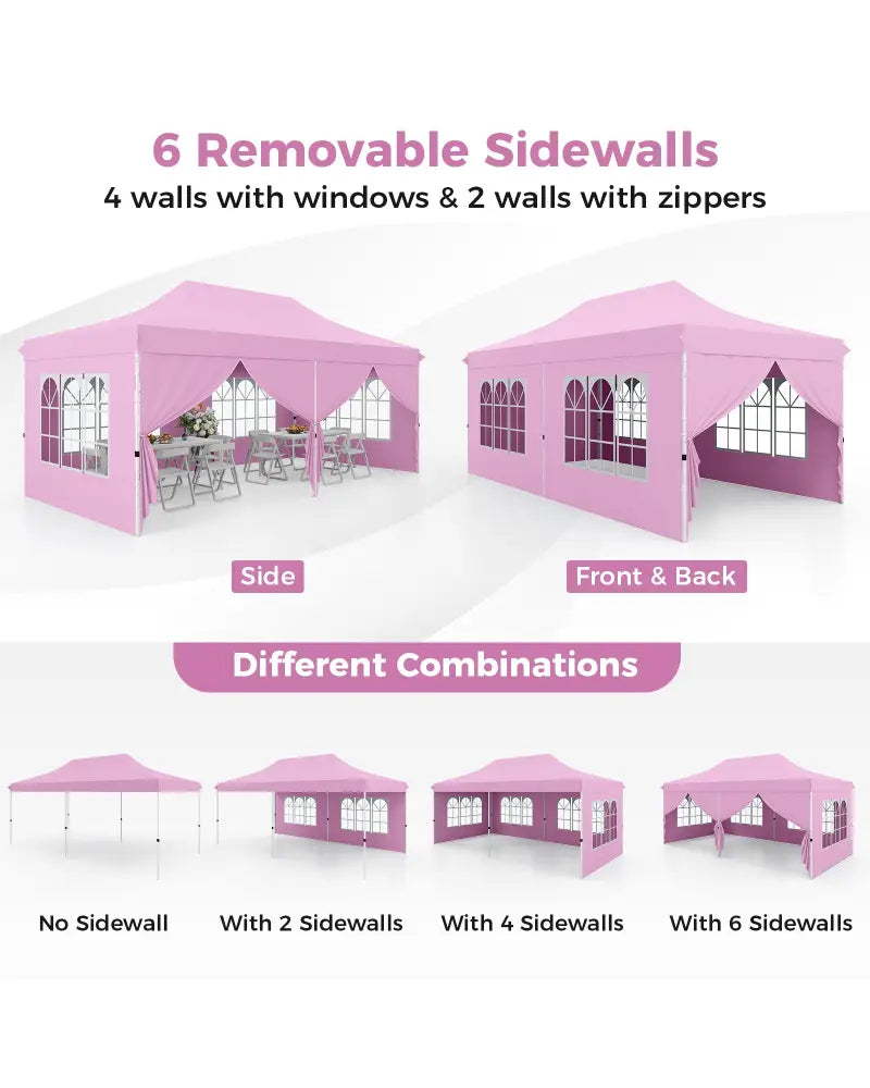 10 x 20 Feet Pop up Canopy with 6 Sidewalls Windows and Carrying Bag-Pink - Pink - Canopies