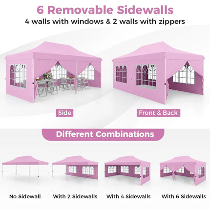 10 x 20 Feet Pop up Canopy with 6 Sidewalls Windows and Carrying Bag-Pink - Pink - Canopies