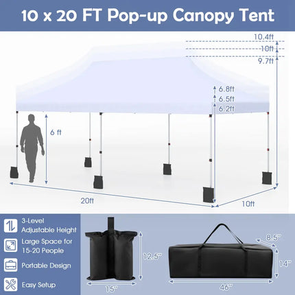 10 X 20 FT Pop up Canopy Tent Foldable Portable Outdoor Gazebo with Carry Bag-White - White - Canopies