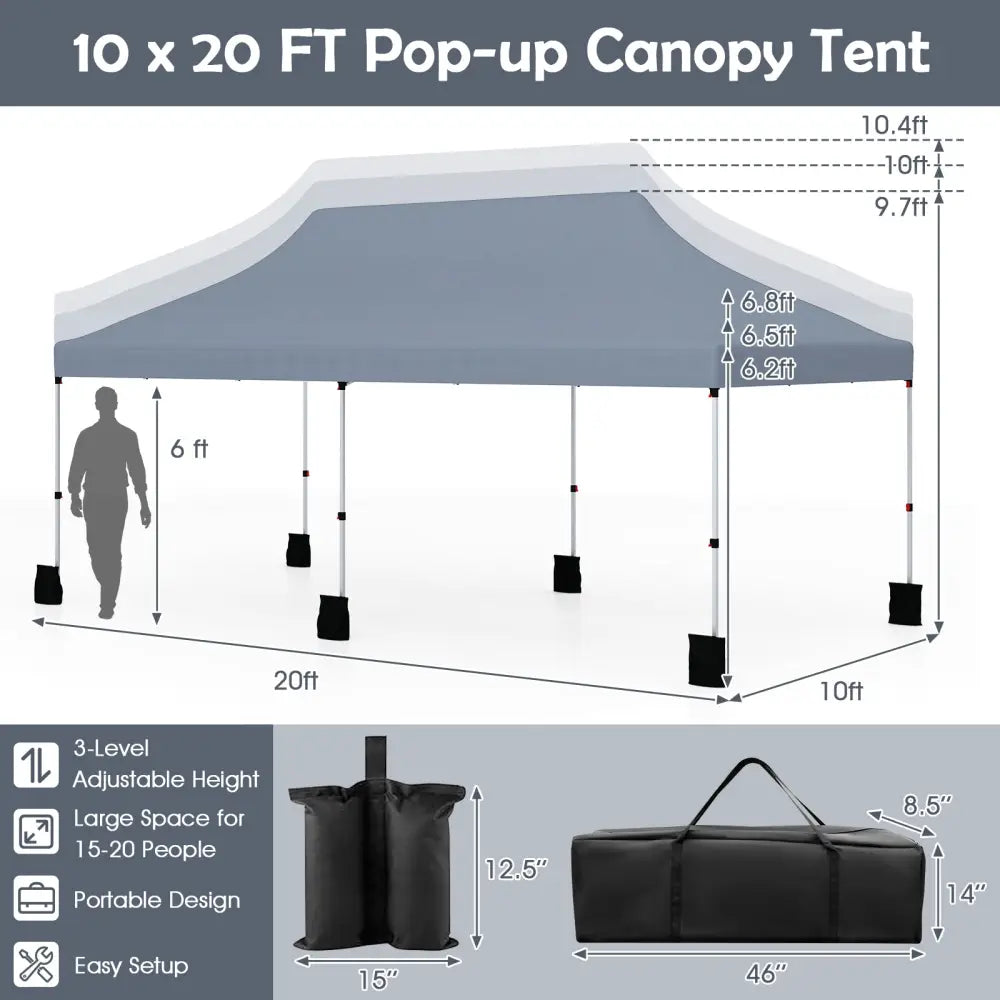 10 X 20 FT Pop up Canopy Tent Foldable Portable Outdoor Gazebo with Carry Bag-Gray - Gray - Canopies