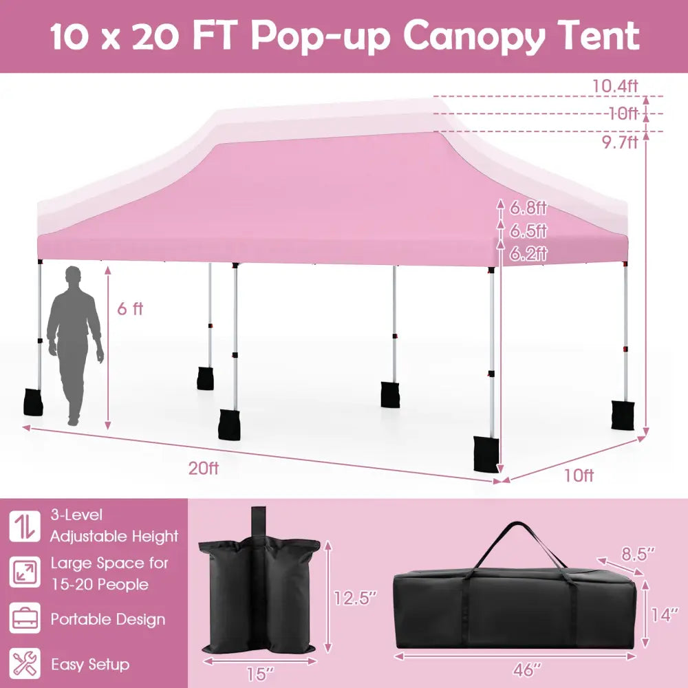 10 X 20 FT Pop up Canopy Tent Foldable Portable Outdoor Gazebo with Carry Bag-Pink - Pink - Canopies