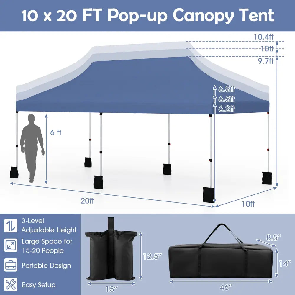 10 X 20 FT Pop up Canopy Tent Foldable Portable Outdoor Gazebo with Carry Bag-Blue - Blue - Canopies