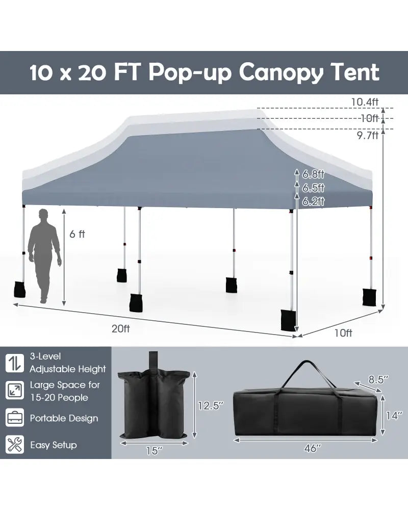 10 X 20 FT Pop up Canopy Tent Foldable Portable Outdoor Gazebo with Carry Bag-Gray - Gray - Canopies