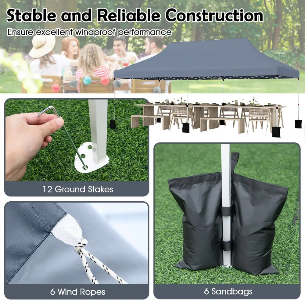 10 X 20 FT Pop up Canopy Tent Foldable Portable Outdoor Gazebo with Carry Bag-Gray - Gray - Canopies