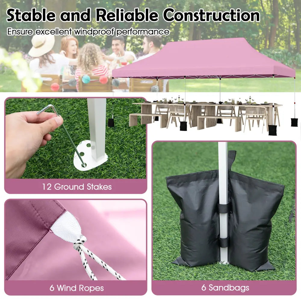 10 X 20 FT Pop up Canopy Tent Foldable Portable Outdoor Gazebo with Carry Bag-Pink - Pink - Canopies