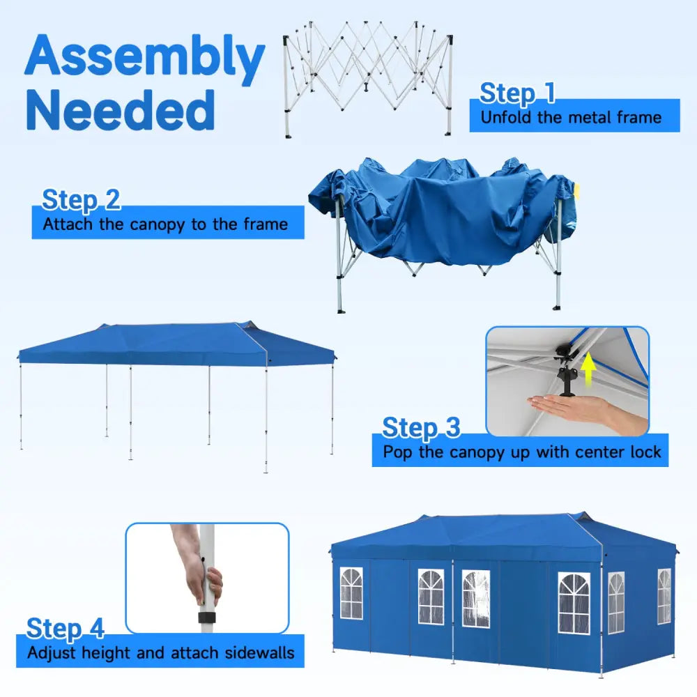 10 x 20 FT Pop Up Canopy Tent with 6 Sidewalls and Adjustable Height-Blue - Blue - Canopies