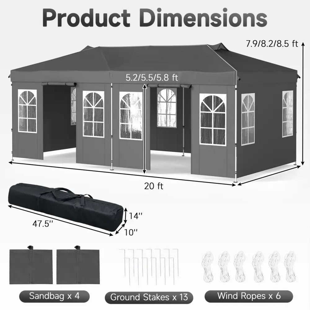 10 x 20 FT Pop Up Canopy Tent with 6 Sidewalls and Adjustable Height-Gray - Gray - Canopies