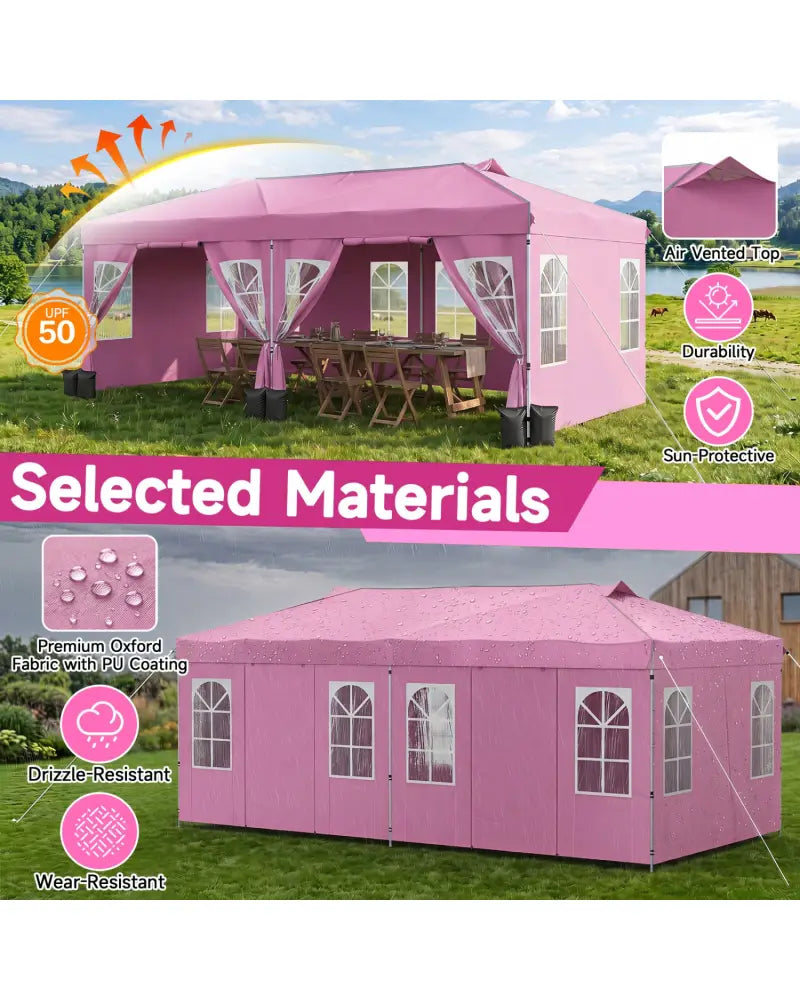 10 x 20 FT Pop Up Canopy Tent with 6 Sidewalls and Adjustable Height-Pink - Pink - Canopies