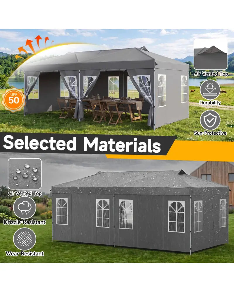 10 x 20 FT Pop Up Canopy Tent with 6 Sidewalls and Adjustable Height-Gray - Gray - Canopies