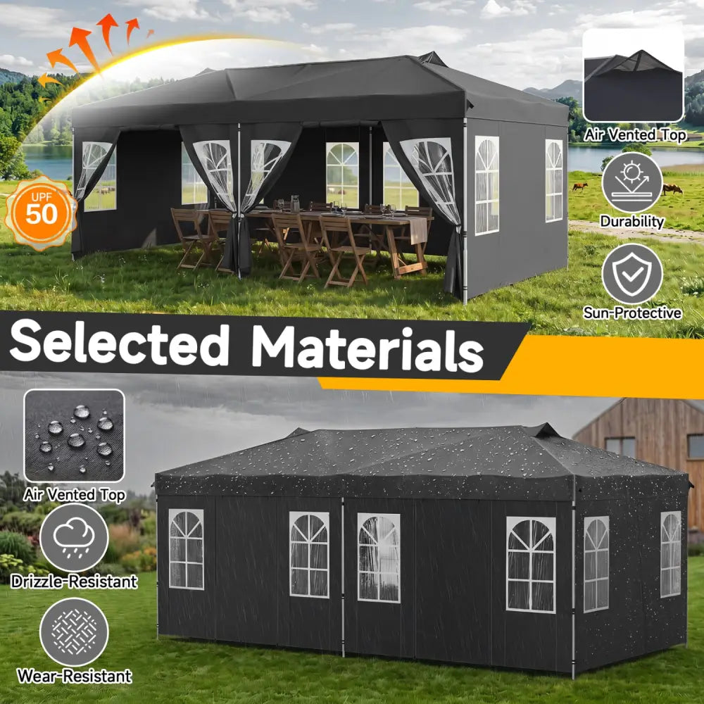 10 x 20 FT Pop Up Canopy Tent with 6 Sidewalls and Adjustable Height-Black - Black - Canopies