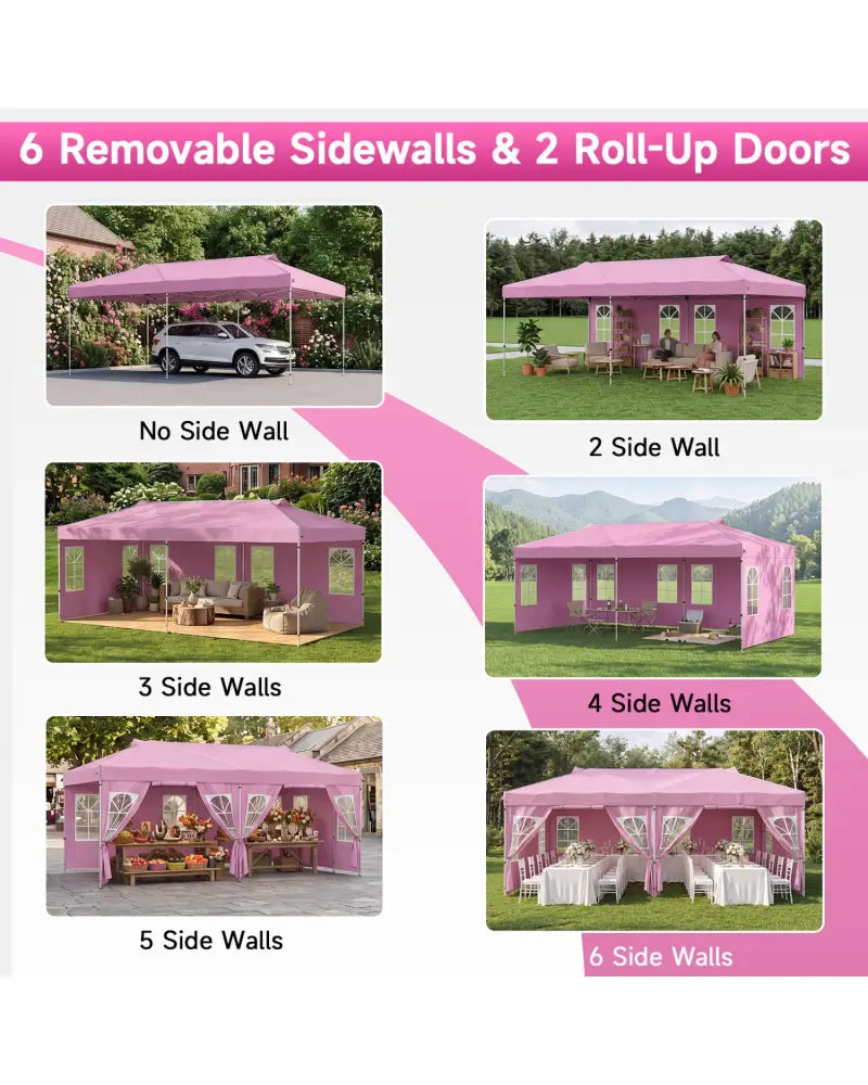 10 x 20 FT Pop Up Canopy Tent with 6 Sidewalls and Adjustable Height-Pink - Pink - Canopies