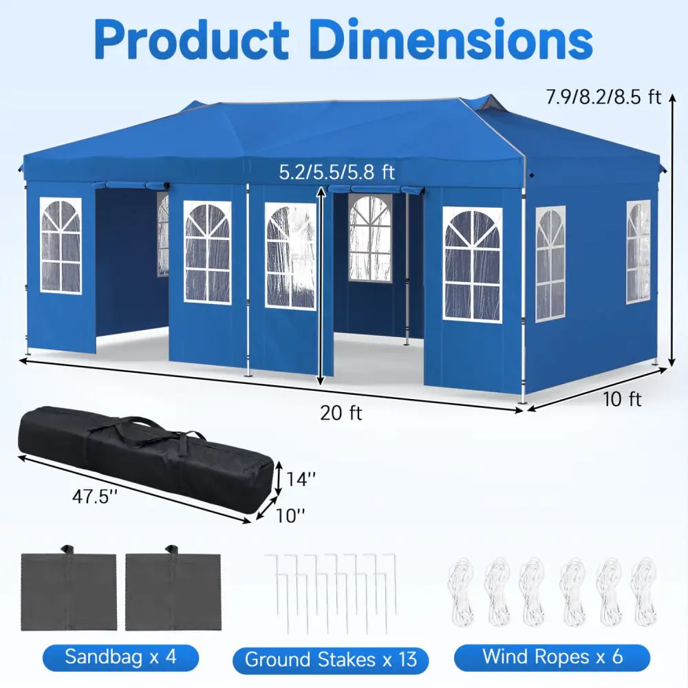 10 x 20 FT Pop Up Canopy Tent with 6 Sidewalls and Adjustable Height-Blue - Blue - Canopies
