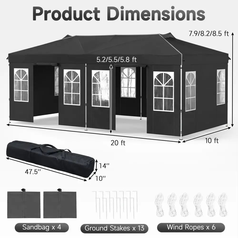10 x 20 FT Pop Up Canopy Tent with 6 Sidewalls and Adjustable Height-Black - Black - Canopies