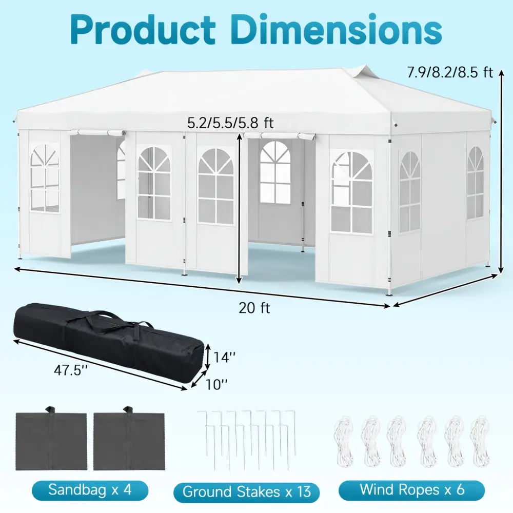 10 x 20 FT Pop Up Canopy Tent with 6 Sidewalls and Adjustable Height-White - White - Canopies