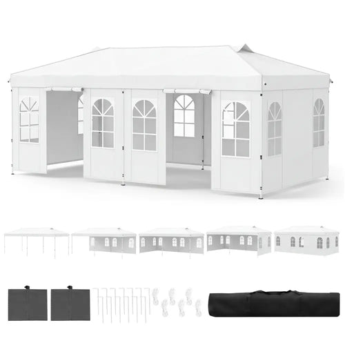 10 x 20 FT Pop Up Canopy Tent with 6 Sidewalls and Adjustable Height-White - White - Canopies