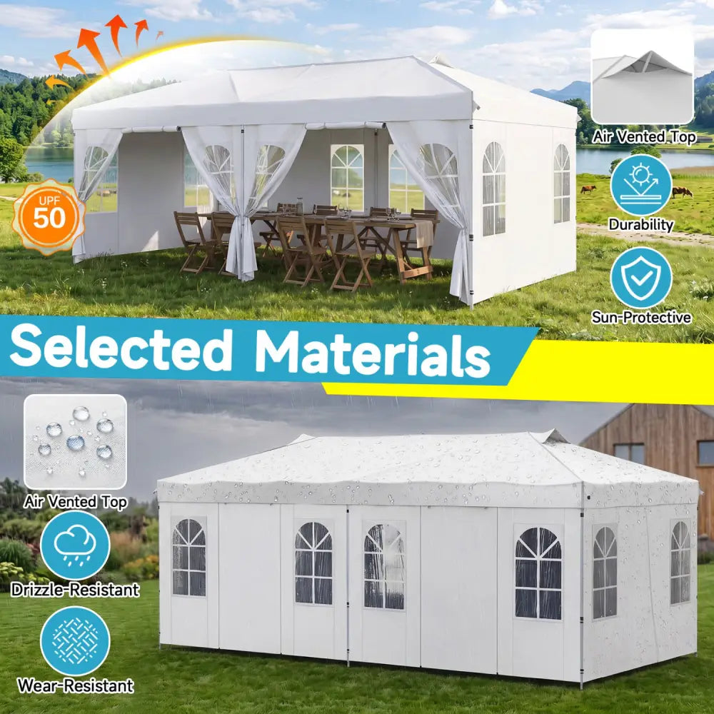 10 x 20 FT Pop Up Canopy Tent with 6 Sidewalls and Adjustable Height-White - White - Canopies