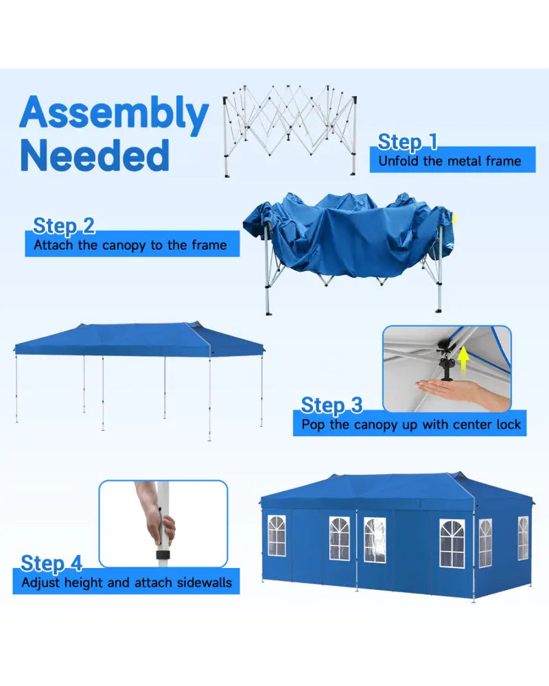 10 x 20 FT Pop Up Canopy Tent with 6 Sidewalls and Adjustable Height-Blue - Blue - Canopies