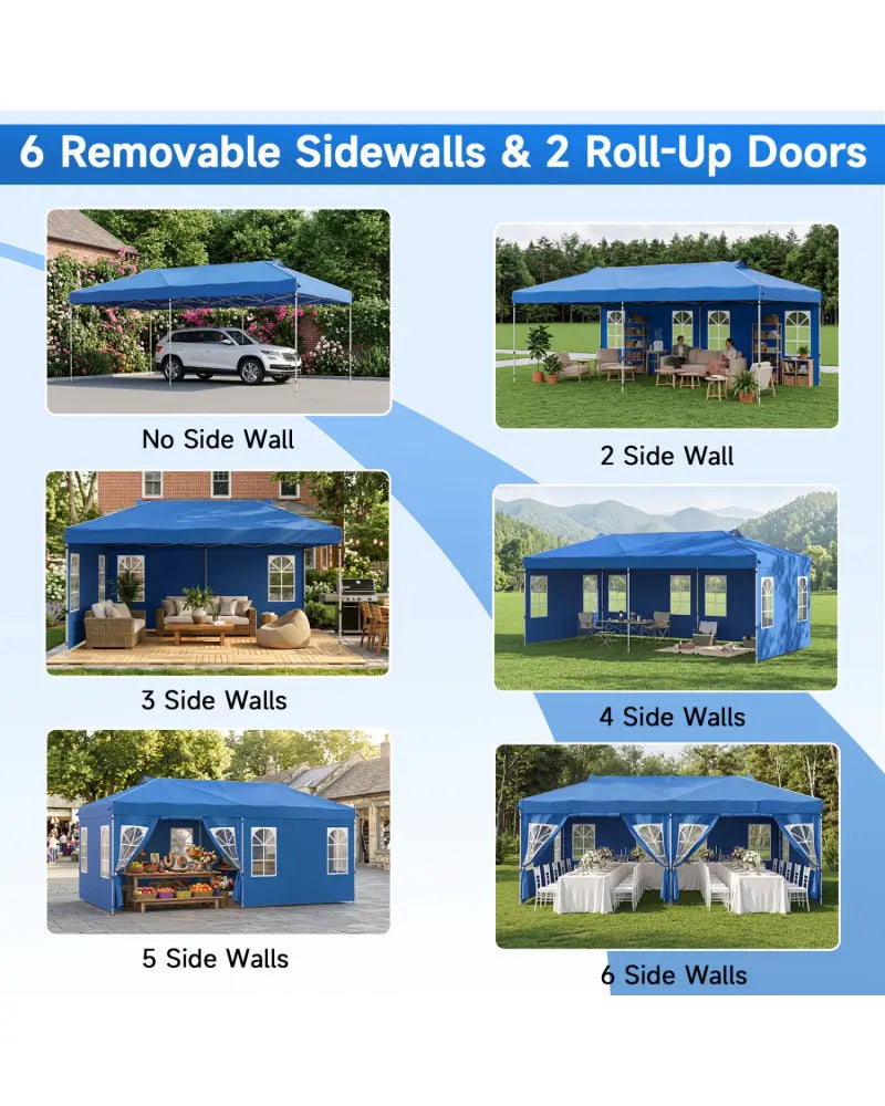 10 x 20 FT Pop Up Canopy Tent with 6 Sidewalls and Adjustable Height-Blue - Blue - Canopies