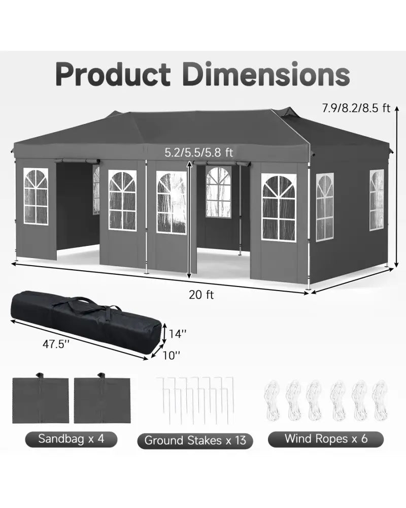 10 x 20 FT Pop Up Canopy Tent with 6 Sidewalls and Adjustable Height-Gray - Gray - Canopies