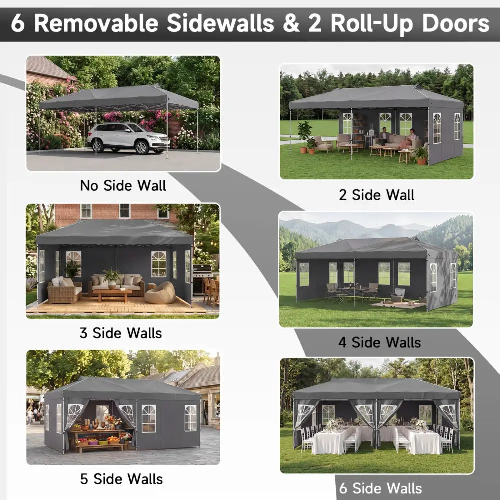 10 x 20 FT Pop Up Canopy Tent with 6 Sidewalls and Adjustable Height-Gray - Gray - Canopies