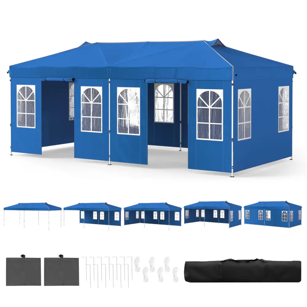 10 x 20 FT Pop Up Canopy Tent with 6 Sidewalls and Adjustable Height-Blue - Blue - Canopies