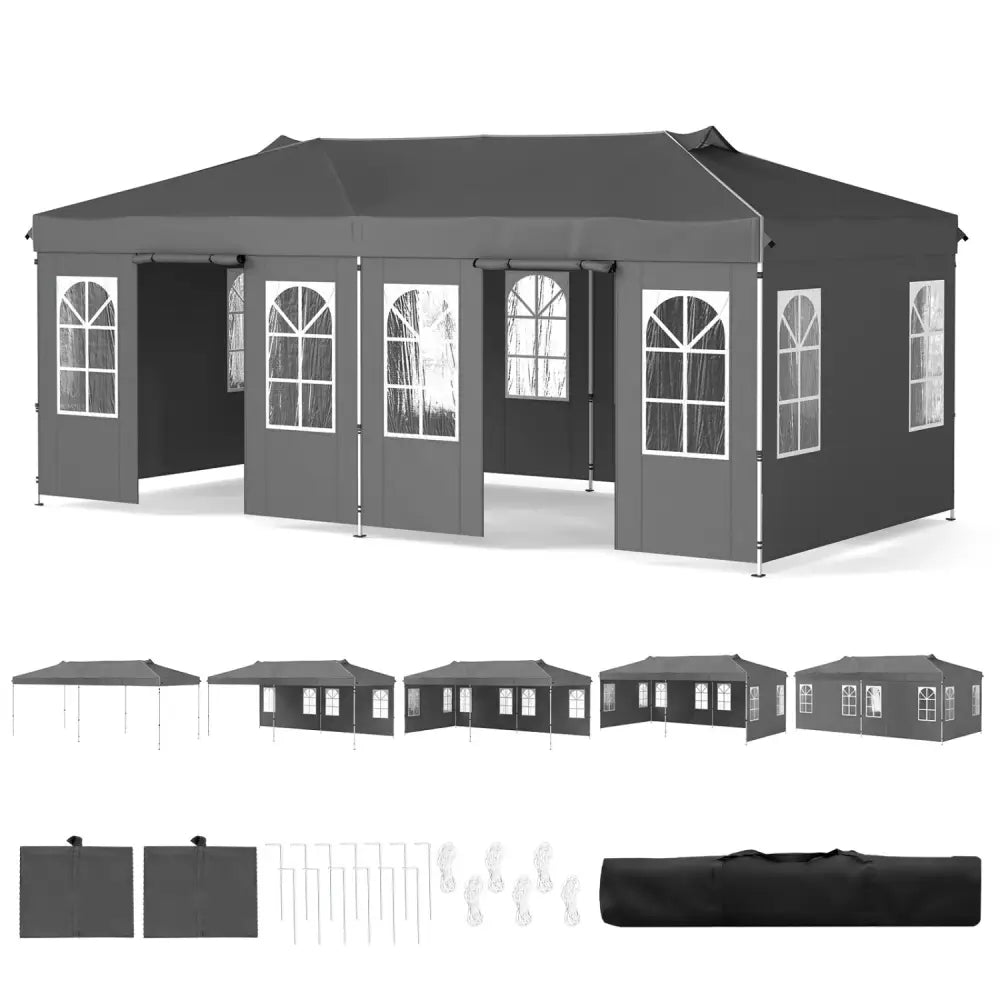 10 x 20 FT Pop Up Canopy Tent with 6 Sidewalls and Adjustable Height-Gray - Gray - Canopies