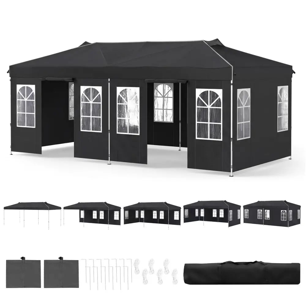 10 x 20 FT Pop Up Canopy Tent with 6 Sidewalls and Adjustable Height-Black - Black - Canopies