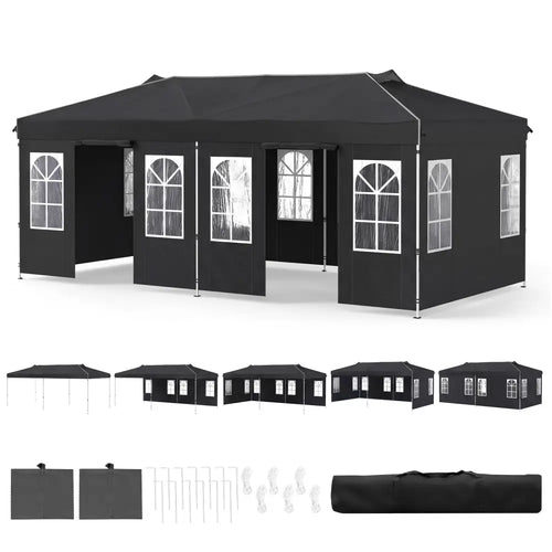 10 x 20 FT Pop Up Canopy Tent with 6 Sidewalls and Adjustable Height-Black - Black - Canopies