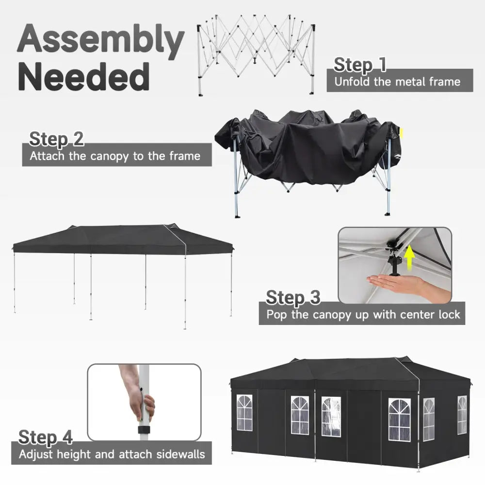 10 x 20 FT Pop Up Canopy Tent with 6 Sidewalls and Adjustable Height-Black - Black - Canopies