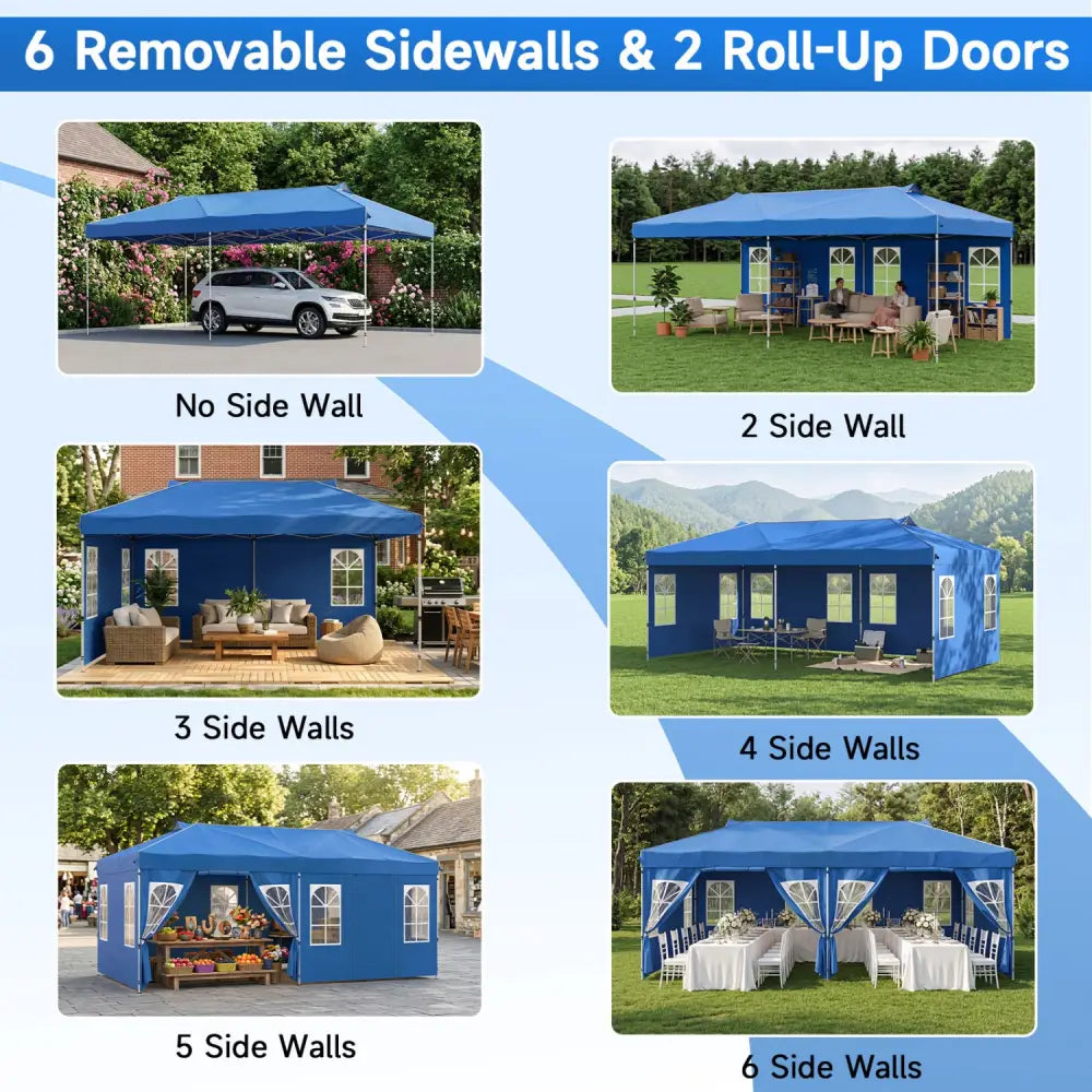 10 x 20 FT Pop Up Canopy Tent with 6 Sidewalls and Adjustable Height-Blue - Blue - Canopies