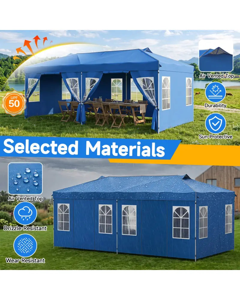 10 x 20 FT Pop Up Canopy Tent with 6 Sidewalls and Adjustable Height-Blue - Blue - Canopies