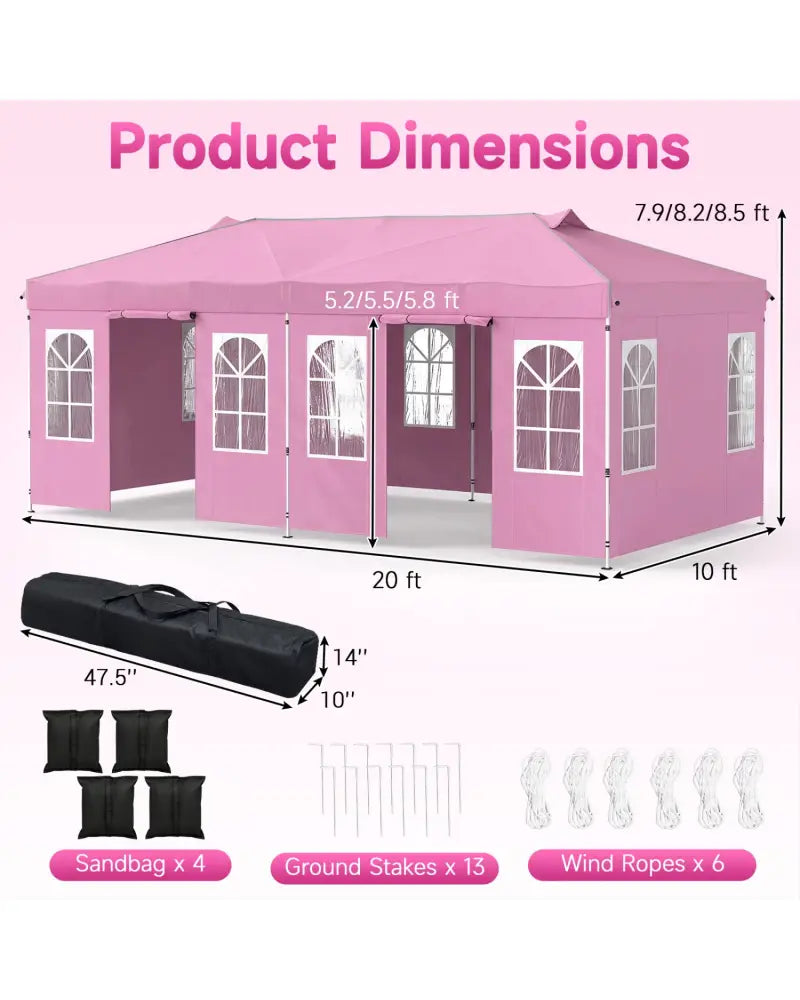 10 x 20 FT Pop Up Canopy Tent with 6 Sidewalls and Adjustable Height-Pink - Pink - Canopies
