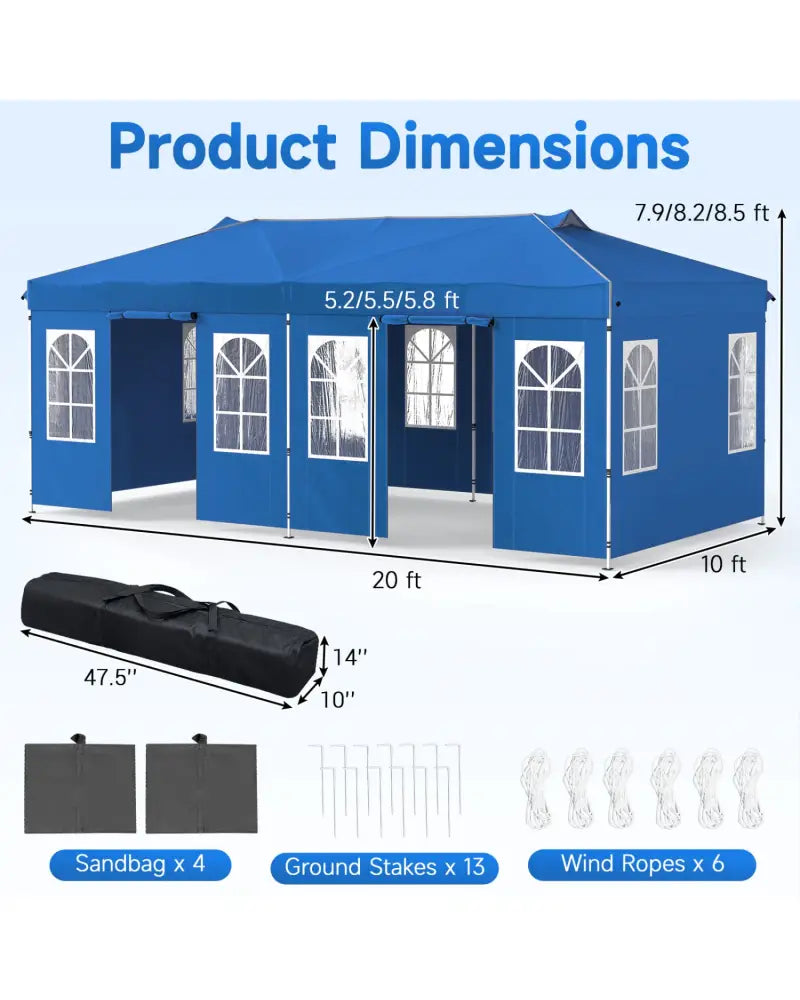 10 x 20 FT Pop Up Canopy Tent with 6 Sidewalls and Adjustable Height-Blue - Blue - Canopies
