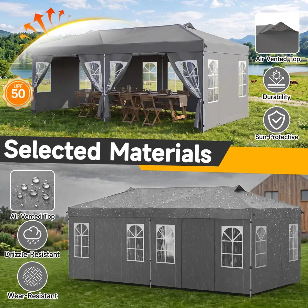 10 x 20 FT Pop Up Canopy Tent with 6 Sidewalls and Adjustable Height-Gray - Gray - Canopies