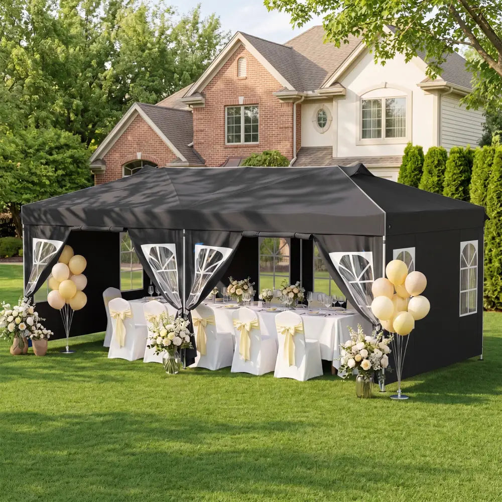 10 x 20 FT Pop Up Canopy Tent with 6 Sidewalls and Adjustable Height-Black - Black - Canopies
