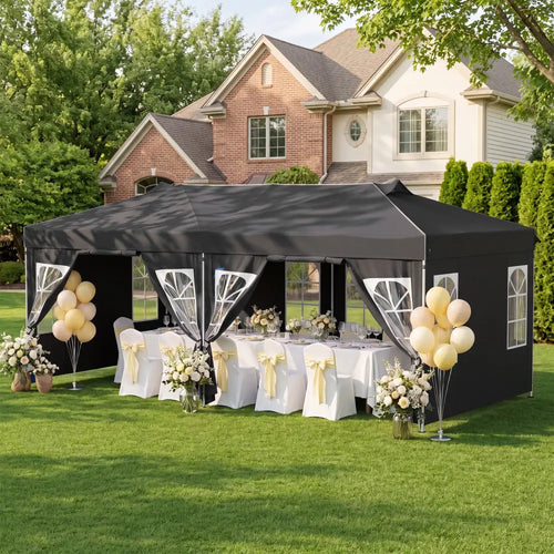 10 x 20 FT Pop Up Canopy Tent with 6 Sidewalls and Adjustable Height-Black - Black - Canopies